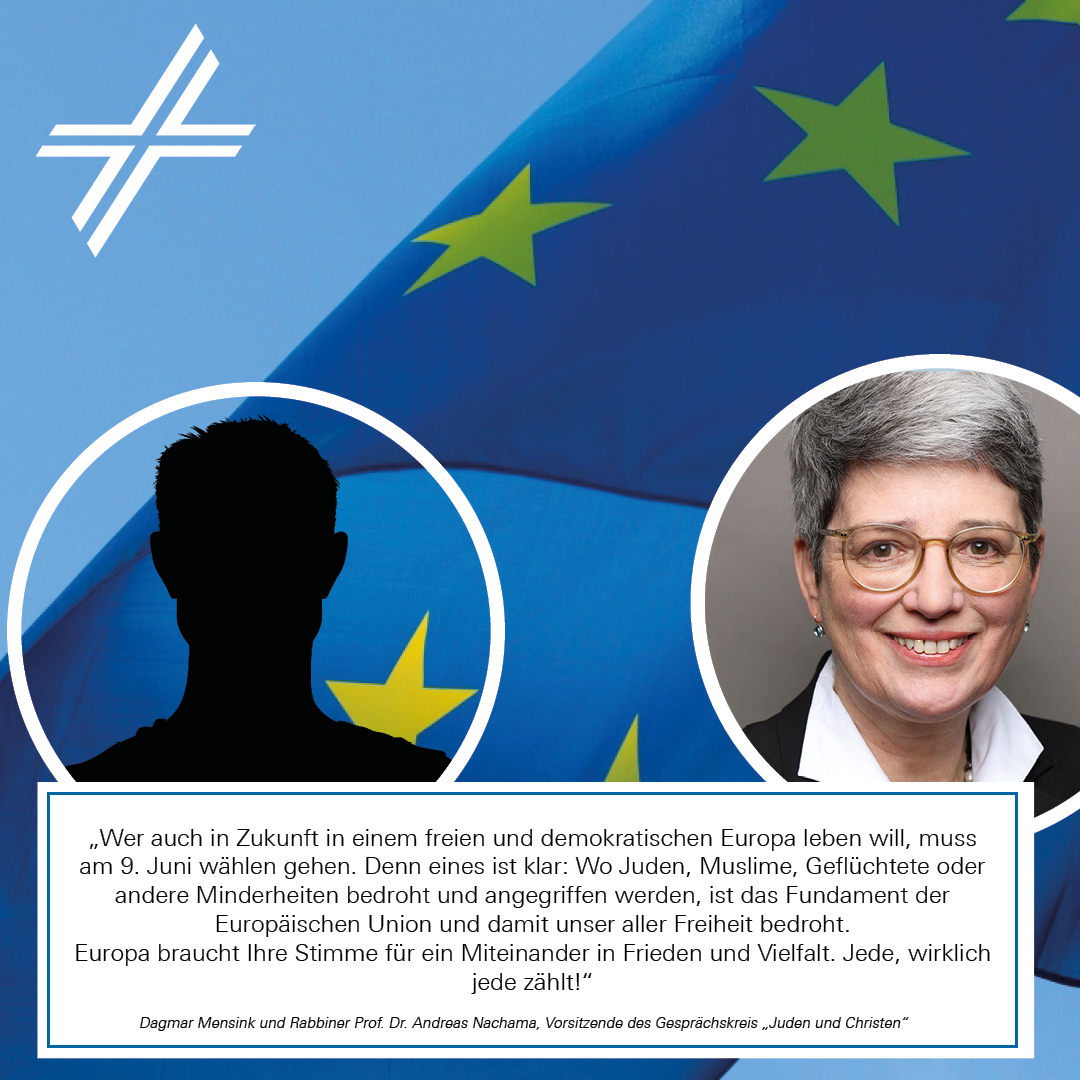 Gemeinsames Europawahlstatement von Dagmar Mensink und Rabbiner Prof. Dr. Andreas Nachama , im Hintergrund ist die EU-Flagge vor blauem Himmel und dem ZdK-Kreuz